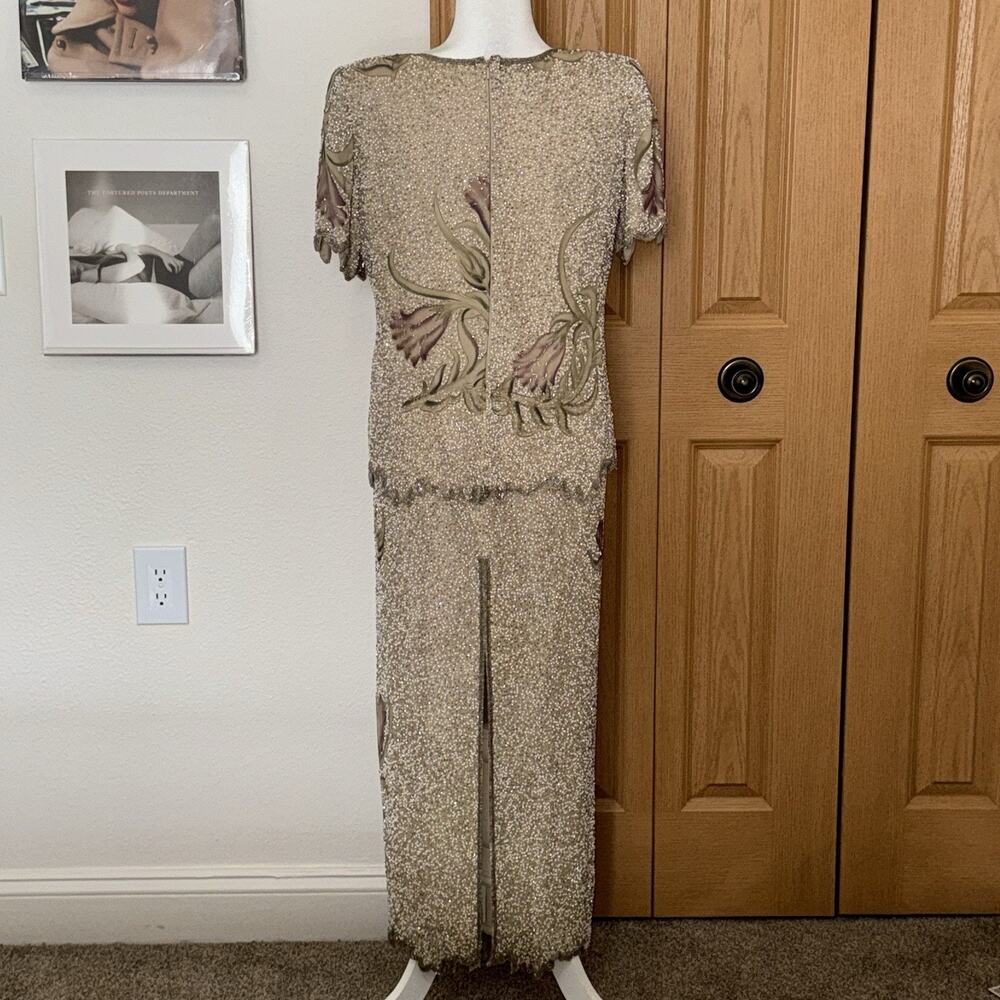 VTG Laurence Kazar Ivory Beaded Size 10 Full Length Mother of Bride Dress Silk - Picture 5 of 11